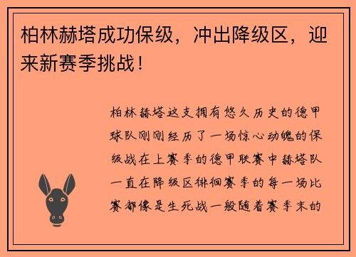 柏林赫塔成功保级，冲出降级区，迎来新赛季挑战！
