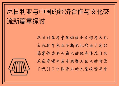尼日利亚与中国的经济合作与文化交流新篇章探讨