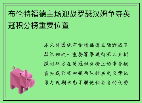 布伦特福德主场迎战罗瑟汉姆争夺英冠积分榜重要位置